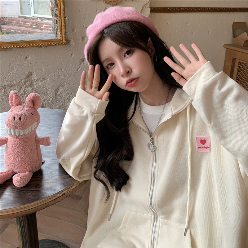 Casual φούτερ με φερμουάρ με κουκούλα Κορεατική μόδα Love Print Γυναικεία ζακέτα με λεπτό παλτό Γυναικεία φούτερ με φερμουάρ για την άνοιξη φθινόπωρο