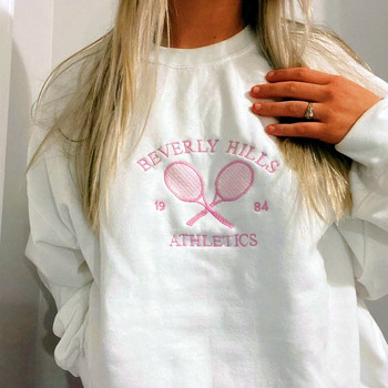 Суичъри с бродирани букви за тенис, лека атлетика Дамски бели свободни пролетни пуловери с дълъг ръкав Ретро тънки памучни ежедневни пуловери