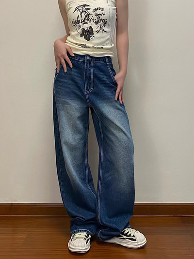 Harajuku Printed Cargo Jeans Y2K Σκούρο Μπλε Καφέ Ψηλόμεση Streetwear 90S φαρδύ παντελόνι Γυναικείο παντελόνι ίσιο παντελόνι φαρδύ
