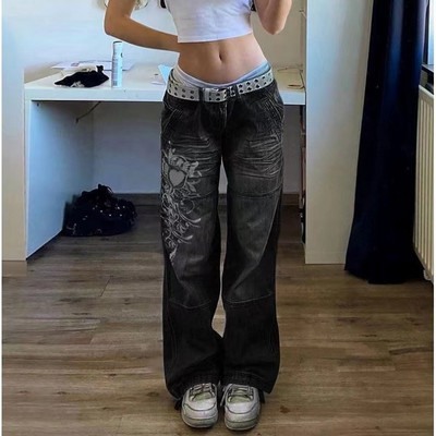 Ženske vintage print Meke traperice niskog struka Ravne hlače Y2K Američka ulična moda za parove Plave hlače s križnim nogavicama 2022 Novo INS