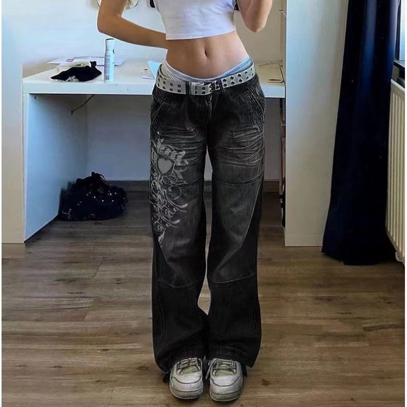 Ženske vintage print Meke traperice niskog struka Ravne hlače Y2K Američka ulična moda za parove Plave hlače s križnim nogavicama 2022 Novo INS