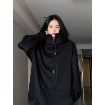 QWEEK Streetwear Черни женски суичъри с качулка Oversized Hoodie Дамски Harajuku Vintage пуловери Корейска мода Goth Aesthetic