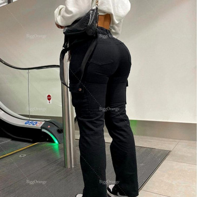 Ženske kargo hlače Vintage vrećaste trenirke širokih nogavica Y2K traper s uzicom Ulična odjeća Džepovi visokog struka Hlače Joggers Kombinezoni