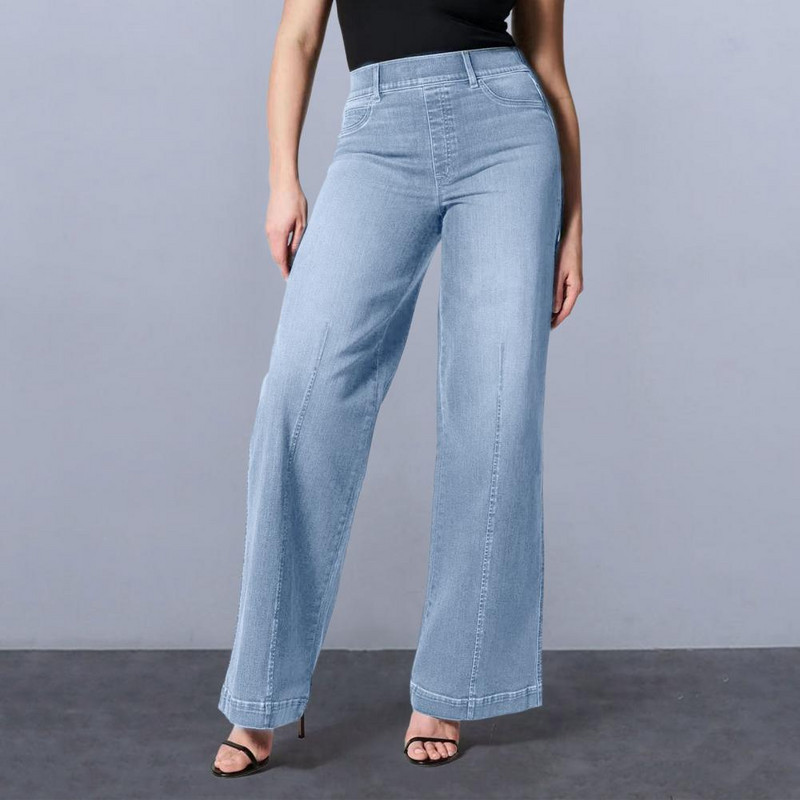 Γυναικείο παντελόνι τσέπες φαρδύ πόδι ελαστικό ψηλόμεσο μονόχρωμο καθημερινό φαρδύ ολόσωμο γυναικείο τζιν γυναικείο ρούχο