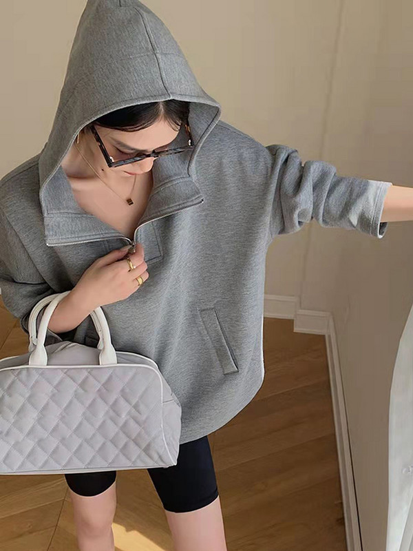 Circyy Hoodies Ženska majica s kapuljačom 2023 Jesen Zima Hoodie s patentnim zatvaračem Ovratnik na odlaganje Široki ležerni puloveri Džepovi Chic odjeća