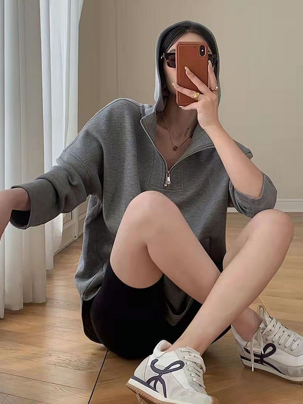 Circyy Hoodies Ženska majica s kapuljačom 2023 Jesen Zima Hoodie s patentnim zatvaračem Ovratnik na odlaganje Široki ležerni puloveri Džepovi Chic odjeća