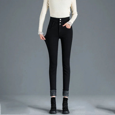 2022 Νέο χειμερινό χοντρό βελούδο γυναικείο ψηλόμεσο στενό τζιν απλό φλις ζεστό λεπτή εφαρμογή Stretch Γυναικείο καθημερινό τζιν παντελόνι με μολύβι