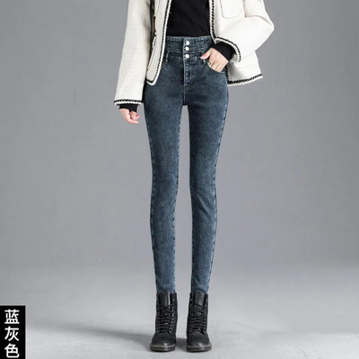 2022 Νέο χειμερινό χοντρό βελούδο γυναικείο ψηλόμεσο στενό τζιν απλό φλις ζεστό λεπτή εφαρμογή Stretch Γυναικείο καθημερινό τζιν παντελόνι με μολύβι