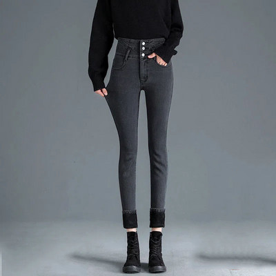 2022 Νέο χειμερινό χοντρό βελούδο γυναικείο ψηλόμεσο στενό τζιν απλό φλις ζεστό λεπτή εφαρμογή Stretch Γυναικείο καθημερινό τζιν παντελόνι με μολύβι