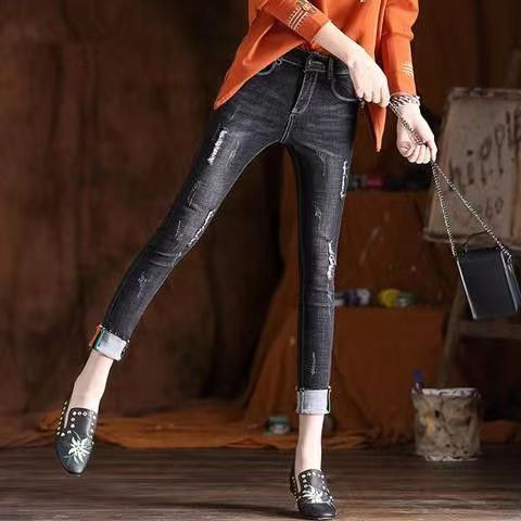 Pikad püksid, pikad püksid, virnastatud püksid, püksid, kõrge vöökoht, teksapüksid, kitsad naiste teksad igapäevaeluks Tänavarõivad Jean V23