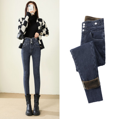 Χειμώνας 2023 Γυναικεία χοντρό βελούδινο ψηλόμεσο στενό τζιν Ζεστό fleece λεπτή εφαρμογή Stretch παντελόνι Casual γυναικείο γούνινο τζιν παντελόνι με μολύβι