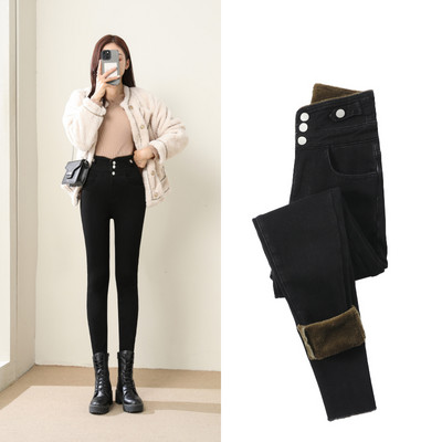 Χειμώνας 2023 Γυναικεία χοντρό βελούδινο ψηλόμεσο στενό τζιν Ζεστό fleece λεπτή εφαρμογή Stretch παντελόνι Casual γυναικείο γούνινο τζιν παντελόνι με μολύβι