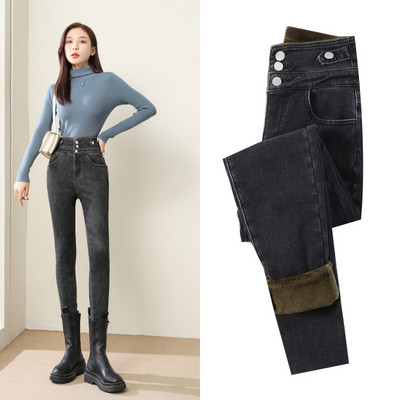 Χειμώνας 2023 Γυναικεία χοντρό βελούδινο ψηλόμεσο στενό τζιν Ζεστό fleece λεπτή εφαρμογή Stretch παντελόνι Casual γυναικείο γούνινο τζιν παντελόνι με μολύβι