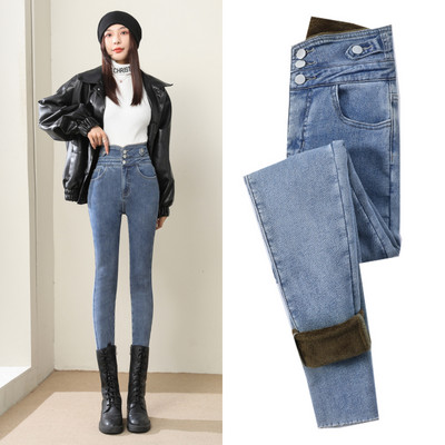 Χειμώνας 2023 Γυναικεία χοντρό βελούδινο ψηλόμεσο στενό τζιν Ζεστό fleece λεπτή εφαρμογή Stretch παντελόνι Casual γυναικείο γούνινο τζιν παντελόνι με μολύβι