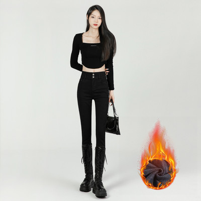 Γυναικείο ζεστό βελούδινο στενό μολύβι τζιν Vintage με δύο κουμπιά Ψηλόμεση Slim Stretch Θερμικό τζιν παντελόνι Lamb fleece στενό παντελόνι