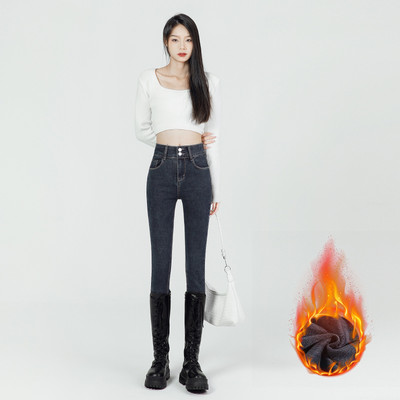 Γυναικείο ζεστό βελούδινο στενό μολύβι τζιν Vintage με δύο κουμπιά Ψηλόμεση Slim Stretch Θερμικό τζιν παντελόνι Lamb fleece στενό παντελόνι