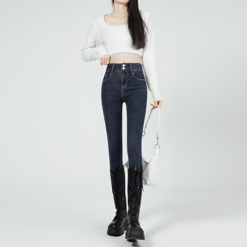 Γυναικείο ζεστό βελούδινο στενό μολύβι τζιν Vintage με δύο κουμπιά Ψηλόμεση Slim Stretch Θερμικό τζιν παντελόνι Lamb fleece στενό παντελόνι