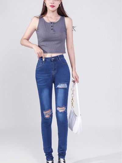 Κλασικό γυναικείο διάτρητο τζιν ψηλόμεσο γυναικείο παντελόνι με λεπτή εφαρμογή 2023 Fashion Casual Jeans Commuter