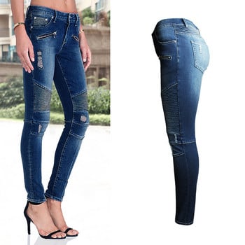 Νέο Jeans Biker Μπλε Τζιν Γυναικεία Μοτοσικλέτα Skinny Pants Biker Zip Mid High Waist Stretch Motor Jeans για Γυναικεία