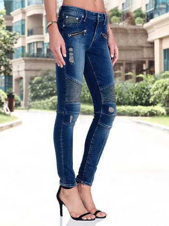 Νέο Jeans Biker Μπλε Τζιν Γυναικεία Μοτοσικλέτα Skinny Pants Biker Zip Mid High Waist Stretch Motor Jeans για Γυναικεία