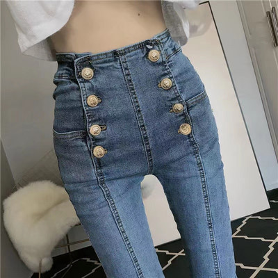 Σχέδιο διπλό στήθος Skinny τζιν Γυναικείο Vintage ψηλόμεσο μολύβι Vaqueros Ανοιξιάτικο Stretch Capris Κορεατικό τζιν παντελόνι