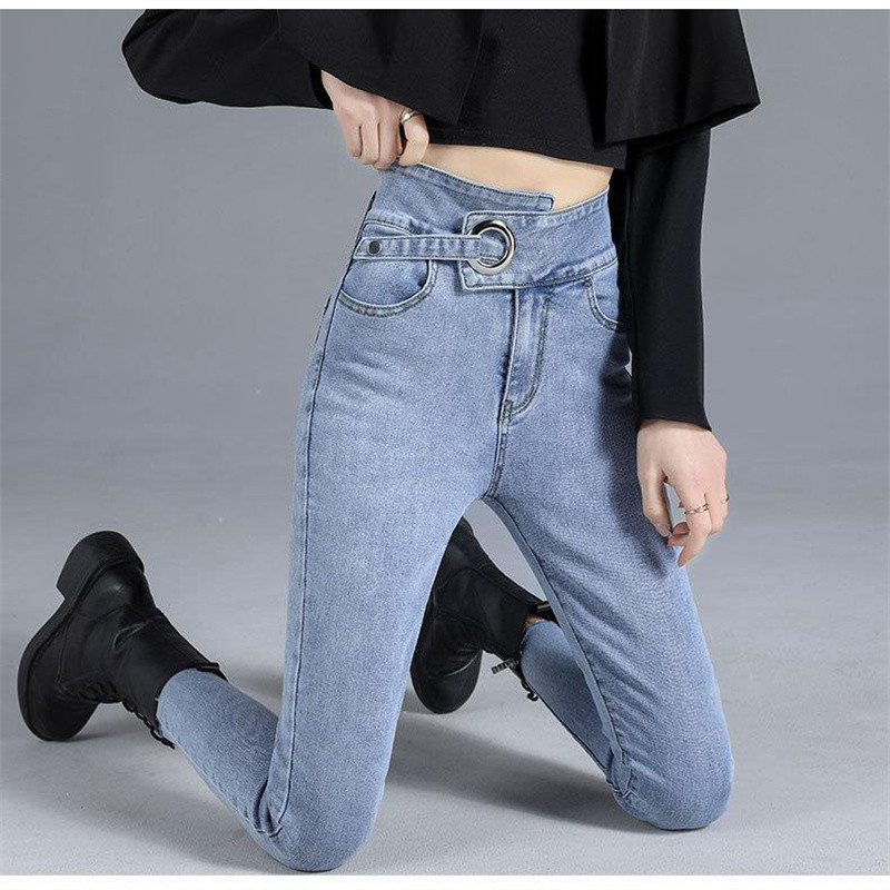 Koreai divat Szabálytalan szélű, magas derekú ceruzafarmer Őszi mosott Do Old Stretch farmer nadrág Utcai viselet Vékony Cowboy Pantalones