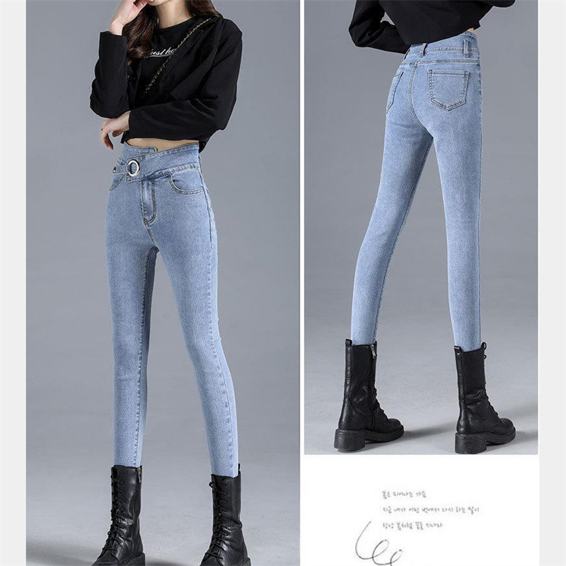 Koreai divat Szabálytalan szélű, magas derekú ceruzafarmer Őszi mosott Do Old Stretch farmer nadrág Utcai viselet Vékony Cowboy Pantalones