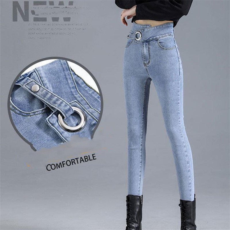 Koreai divat Szabálytalan szélű, magas derekú ceruzafarmer Őszi mosott Do Old Stretch farmer nadrág Utcai viselet Vékony Cowboy Pantalones