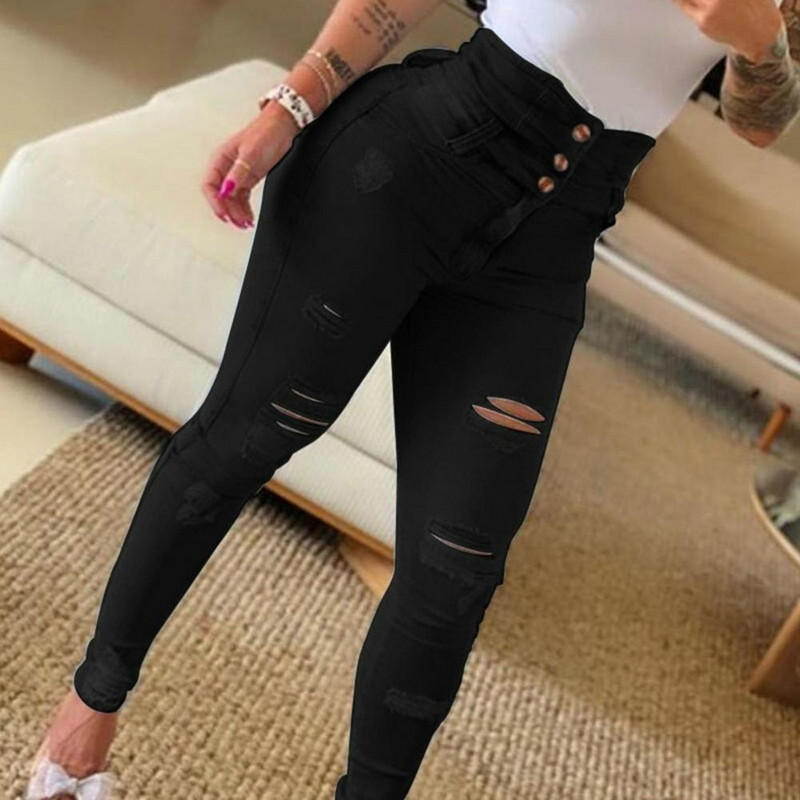 Ženske traperice, trend jeseni 2022., modne, poderane, s dugmadima visokog struka, ležerne, uske, obične dnevne traperice s džepovima