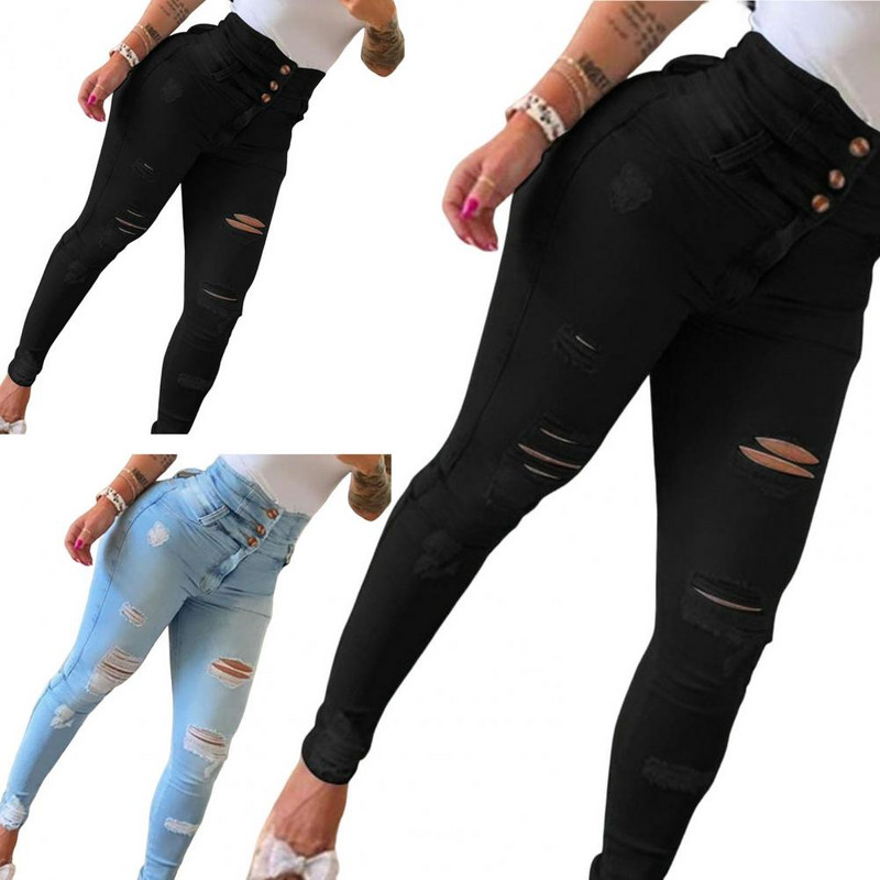 Ženske traperice, trend jeseni 2022., modne, poderane, s dugmadima visokog struka, ležerne, uske, obične dnevne traperice s džepovima