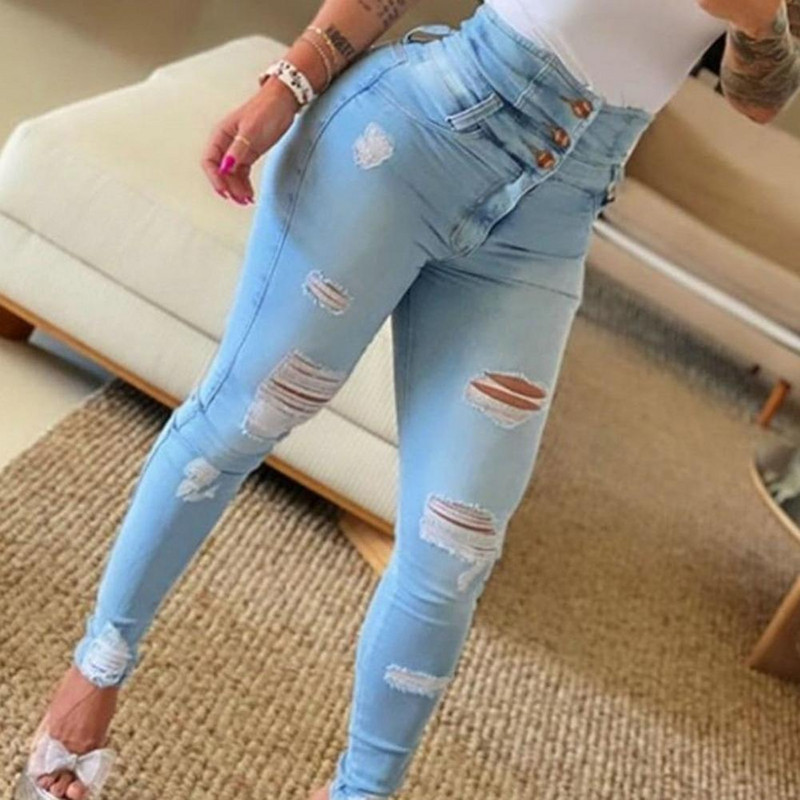 Ženske traperice, trend jeseni 2022., modne, poderane, s dugmadima visokog struka, ležerne, uske, obične dnevne traperice s džepovima