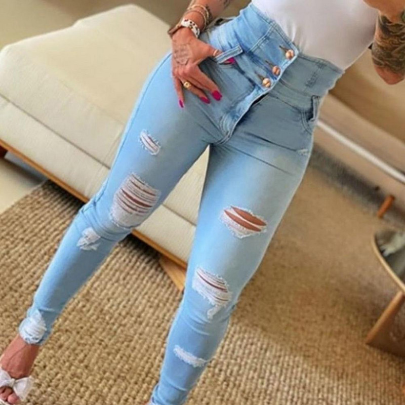 Ženske traperice, trend jeseni 2022., modne, poderane, s dugmadima visokog struka, ležerne, uske, obične dnevne traperice s džepovima