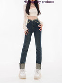 Γυναικείο Χοντρό Τζιν Χειμώνα 2024 Στυλ Y2K Λεπτό ίσιο μακρύ τζιν παντελόνι που διπλώνει ψηλά στη μέση χαλαρό ζεστό καθημερινό παντελόνι streetwear