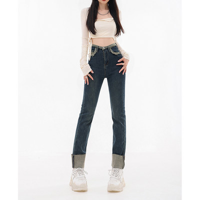 Γυναικείο Χοντρό Τζιν Χειμώνα 2024 Στυλ Y2K Λεπτό ίσιο μακρύ τζιν παντελόνι που διπλώνει ψηλά στη μέση χαλαρό ζεστό καθημερινό παντελόνι streetwear