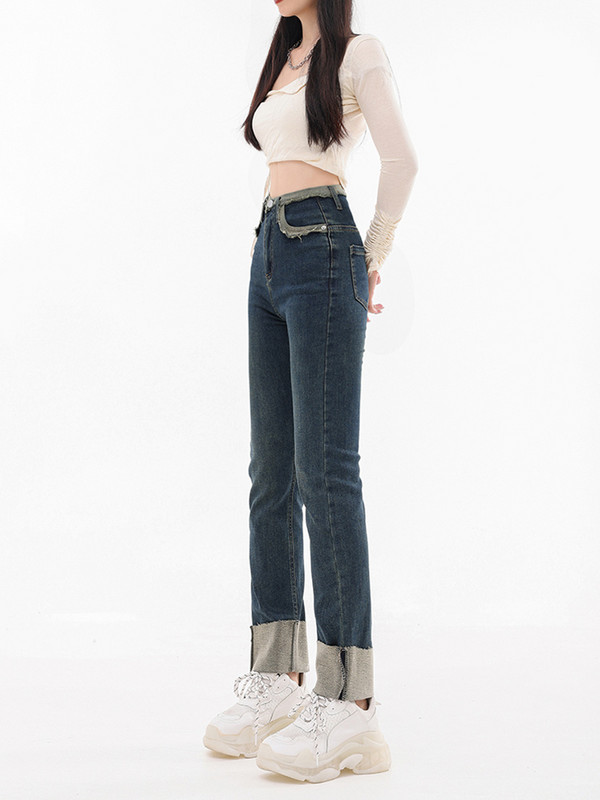 Γυναικείο Χοντρό Τζιν Χειμώνα 2024 Στυλ Y2K Λεπτό ίσιο μακρύ τζιν παντελόνι που διπλώνει ψηλά στη μέση χαλαρό ζεστό καθημερινό παντελόνι streetwear