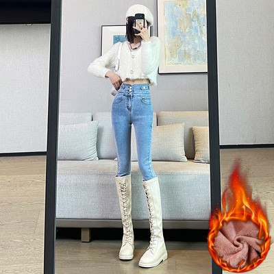 Γυναικείο χειμωνιάτικο ζεστό τζιν χοντρό φλις Μαλακό στενό ελαστικό μολύβι παντελόνι με πολλά κουμπιά ψηλόμεσο λεπτό βελούδο γκρι casual τζιν