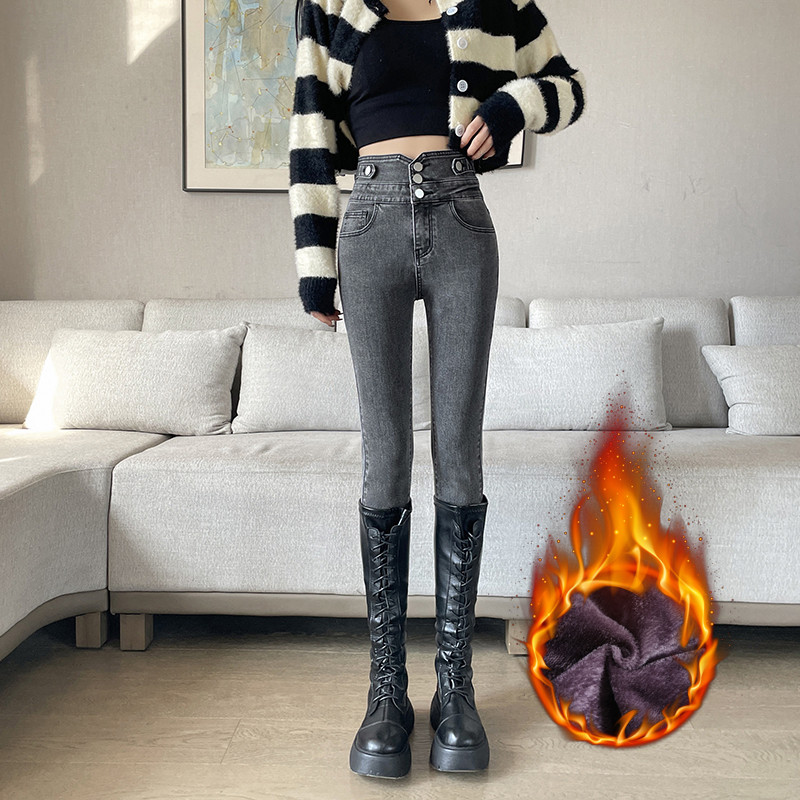 Γυναικείο χειμωνιάτικο ζεστό τζιν χοντρό φλις Μαλακό στενό ελαστικό μολύβι παντελόνι με πολλά κουμπιά ψηλόμεσο λεπτό βελούδο γκρι casual τζιν