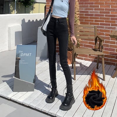 Plus βελούδινο ελαστικό ψηλόμεσο με πάχυνση ζεστό τζιν με διπλό κουμπί τζιν παντελόνι ψηλό στενό γυναικείο μολύβι παντελόνι