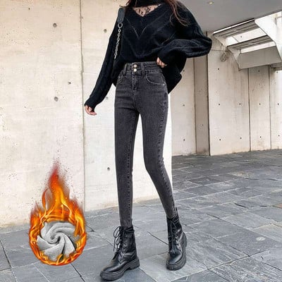 Plus βελούδινο ελαστικό ψηλόμεσο με πάχυνση ζεστό τζιν με διπλό κουμπί τζιν παντελόνι ψηλό στενό γυναικείο μολύβι παντελόνι