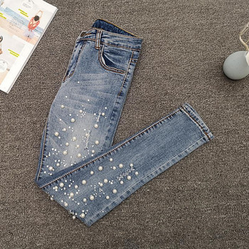 Καλοκαίρι 2022 European Women New Bead Skinny Jeans Γυναικείο Ανοιξιάτικο ελαστικό ψηλόμεσο λεπτό παντελόνι με μολύβι εννέα πόντους σκισμένο τζιν