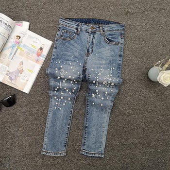 Καλοκαίρι 2022 European Women New Bead Skinny Jeans Γυναικείο Ανοιξιάτικο ελαστικό ψηλόμεσο λεπτό παντελόνι με μολύβι εννέα πόντους σκισμένο τζιν