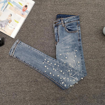 Καλοκαίρι 2022 European Women New Bead Skinny Jeans Γυναικείο Ανοιξιάτικο ελαστικό ψηλόμεσο λεπτό παντελόνι με μολύβι εννέα πόντους σκισμένο τζιν