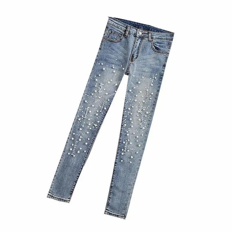 2022. aasta suvi Euroopa naiste uued helmed kitsad teksad Naiste kevadelastsed kõrge vöökohaga õhukesed üheksapunktilise pliiatsiga püksid, rebenenud teksad