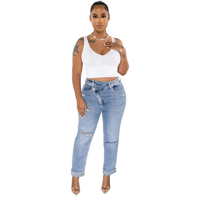 2023 Φθινόπωρο και Χειμώνας Νέο στυλ Μόδα Τρύπα Ρετρό Οδός Εμφανίζεται Λεπτή μεσαία Τρύπα Πλύσης Κουμπί λοξή επικάλυψη Γυναικεία τζιν