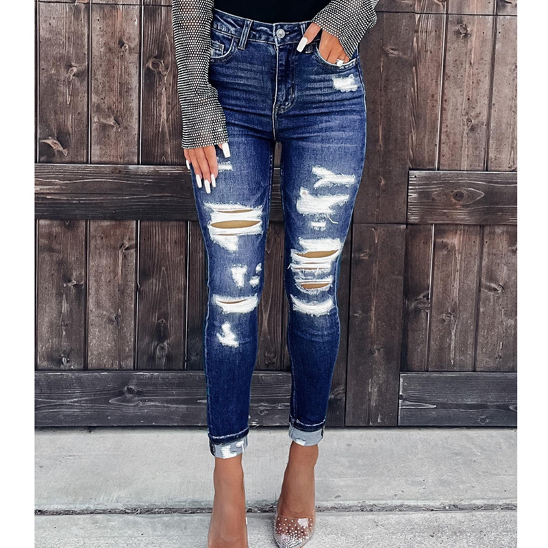 Wepbel Jeans Women Ripped Washed Hole Μπλε Casual Ripped Jeans ψηλόμεσο Skinny καλοκαιρινό τζιν παντελόνι Pencil παντελόνι