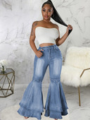 Streetwear High Wiast Button Fly Γυναικείο τζιν παντελόνι casual πλυμένο κεκλιμένο με δύο τσέπες βολάν Flare Hemline μακρύ τζιν Φθινόπωρο