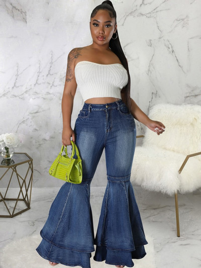 Streetwear High Wiast Button Fly Γυναικείο τζιν παντελόνι casual πλυμένο κεκλιμένο με δύο τσέπες βολάν Flare Hemline μακρύ τζιν Φθινόπωρο