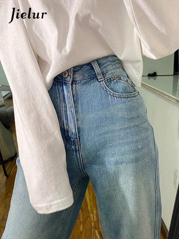 Jielur svijetloplave uske ženske traperice ravne vintage jednostavne modne ženske hlače širokih nogavica ležerne uredske dame s gumbima i patentnim zatvaračem