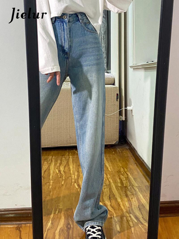 Jielur svijetloplave uske ženske traperice ravne vintage jednostavne modne ženske hlače širokih nogavica ležerne uredske dame s gumbima i patentnim zatvaračem