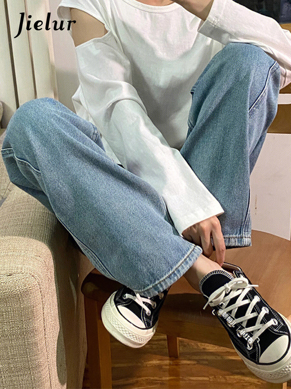 Jielur svijetloplave uske ženske traperice ravne vintage jednostavne modne ženske hlače širokih nogavica ležerne uredske dame s gumbima i patentnim zatvaračem